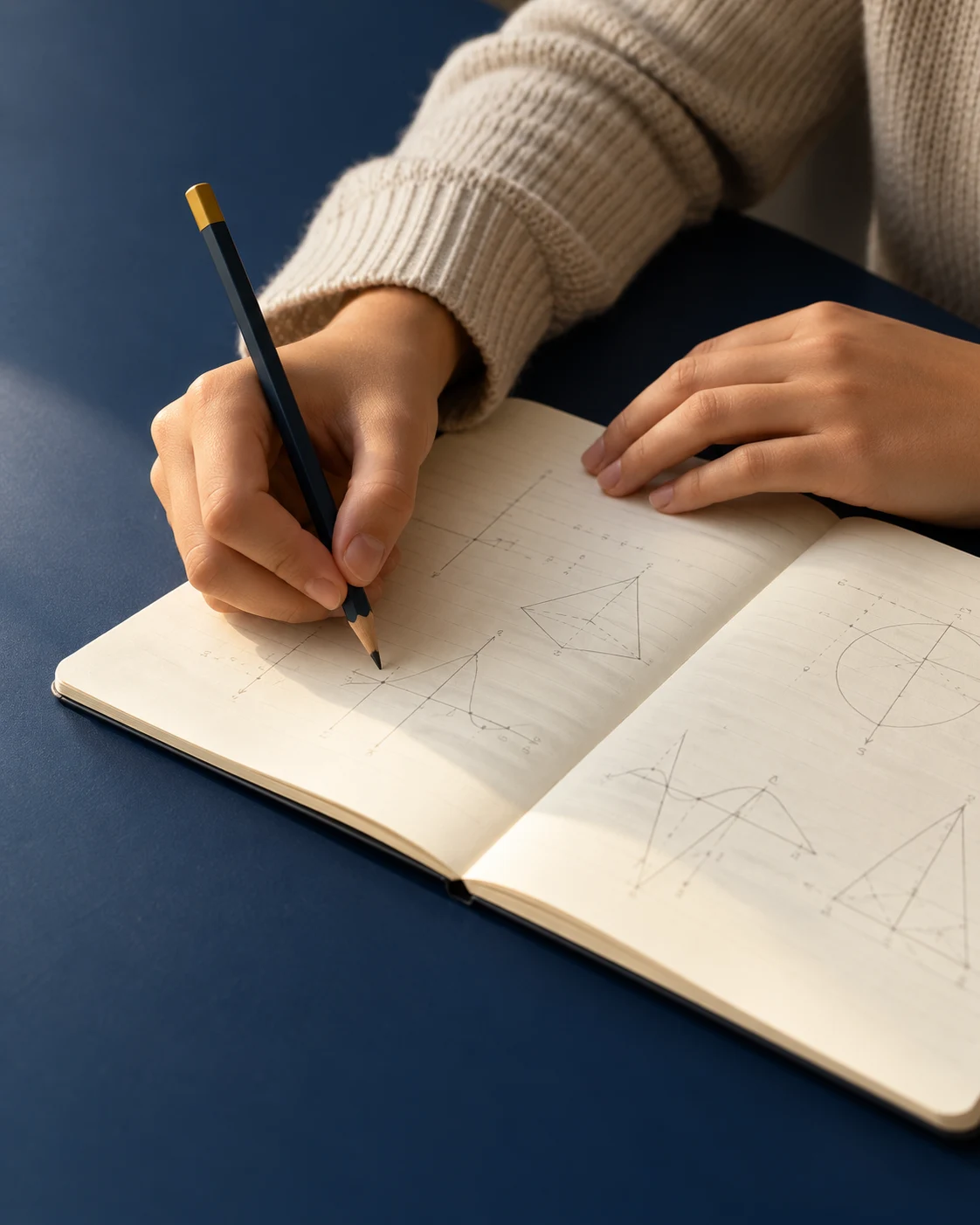 Illustrative study scene: hands working through maths in a notebook